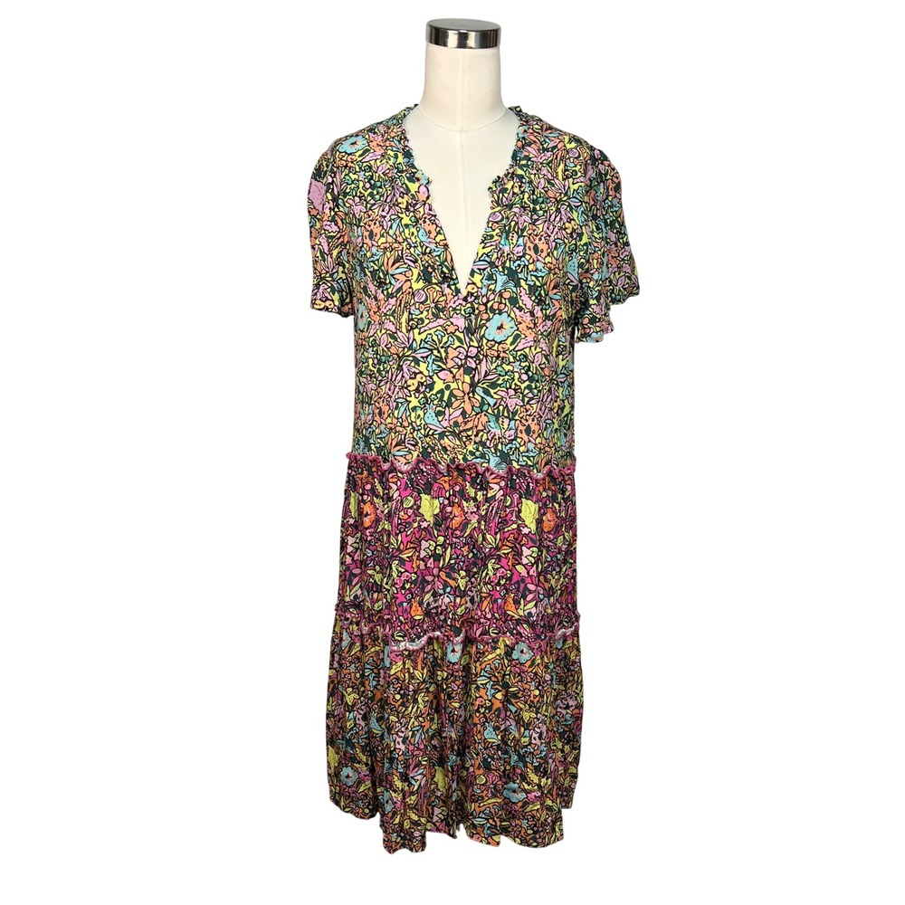 Tribal Femme Anthropologie Floral Tiered Midi Dress‎ Medium V-Neck Short Sleeve